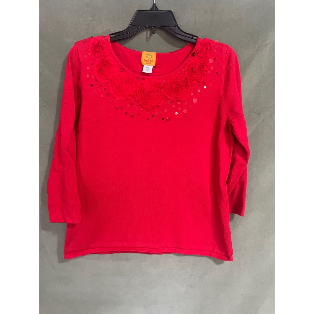 Ruby Rd Petite Red Sequin Rosette Sweater PXL 3/4 Sleeve Knit Top